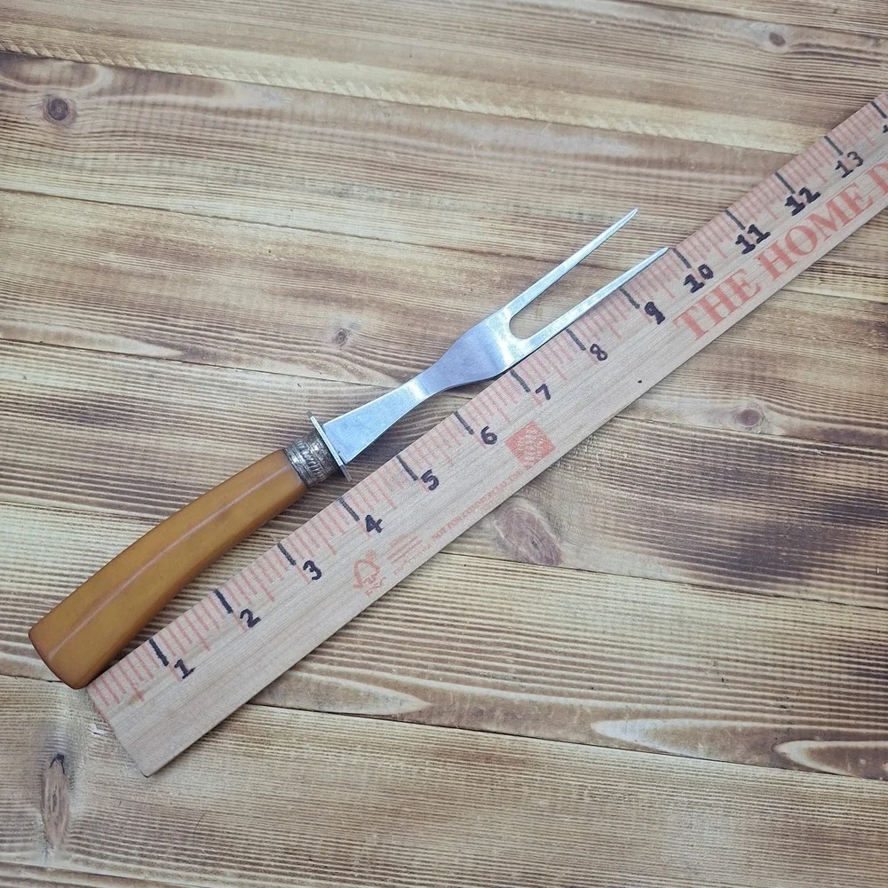 Vintage Bakelite Meat Serving Fork Butterscotch Handle Stainless Steel 11”
